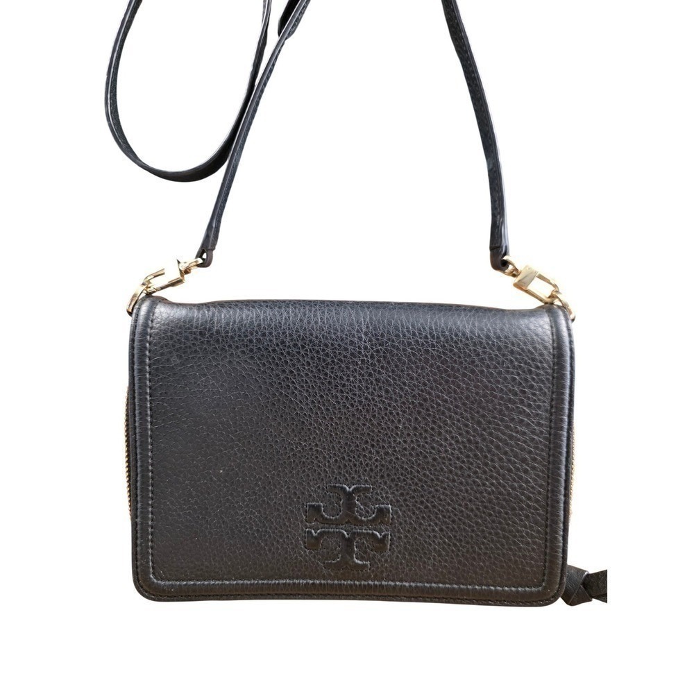 Tory Burch Thea Crossbody Wallet Bag Black Pebbled Leather Gold Hardware